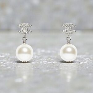 CHANEL Authentic Silver Crystal CC Faux Pearl Drop Earrings